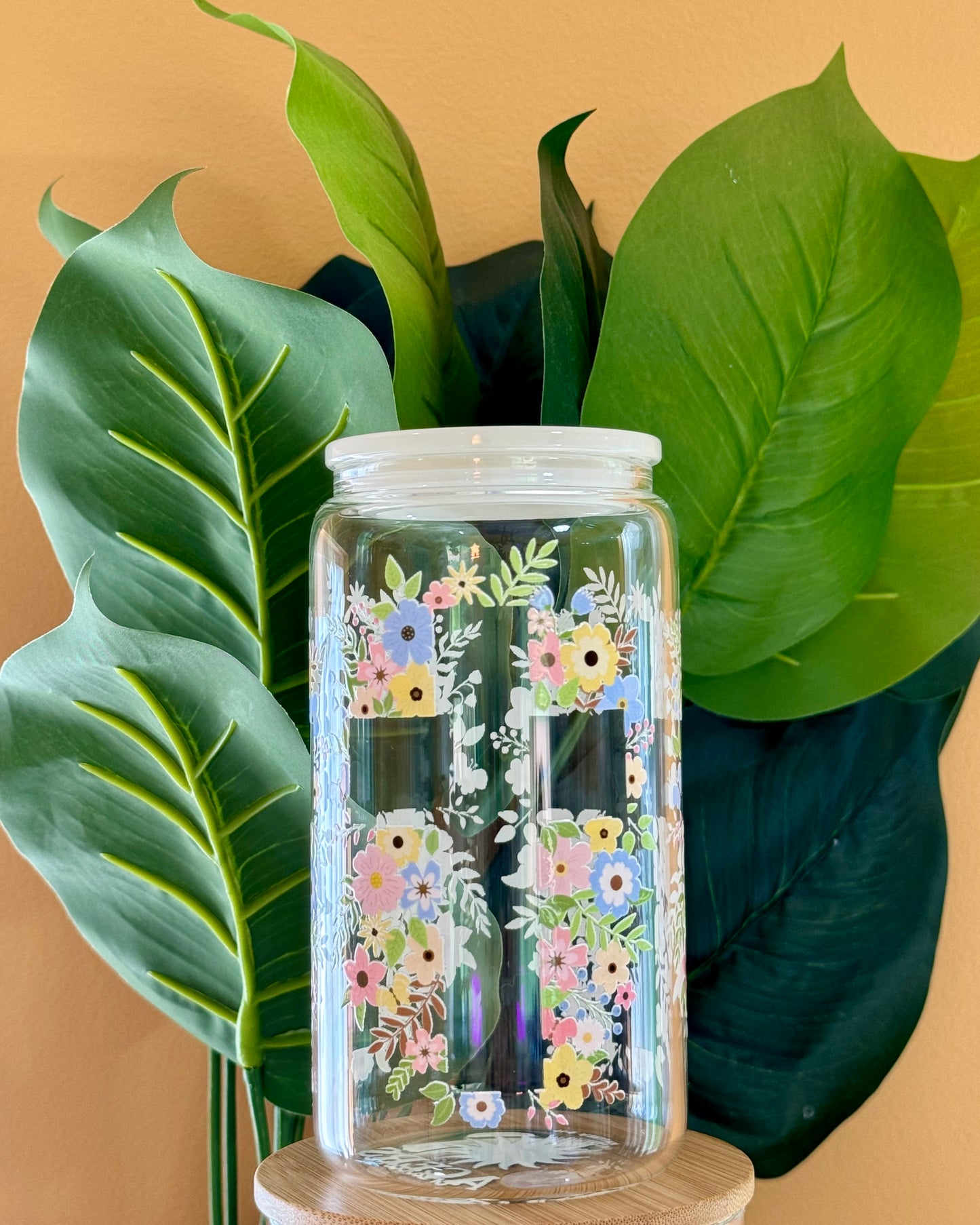 16oz Glass Cup - Floral Cross
