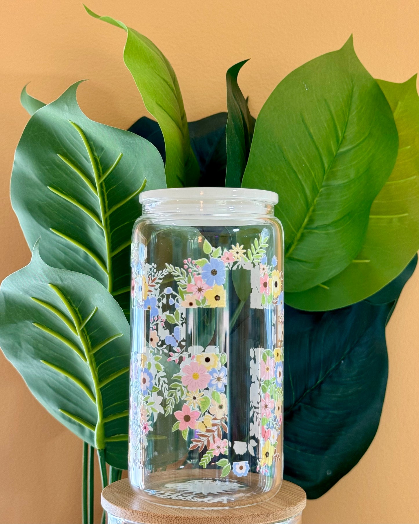 16oz Glass Cup - Floral Cross