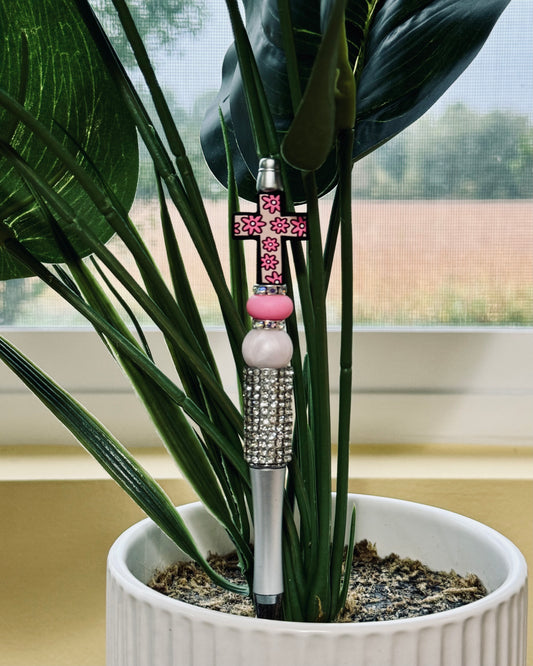 Custom Black Ink Pen - Pink flower cross