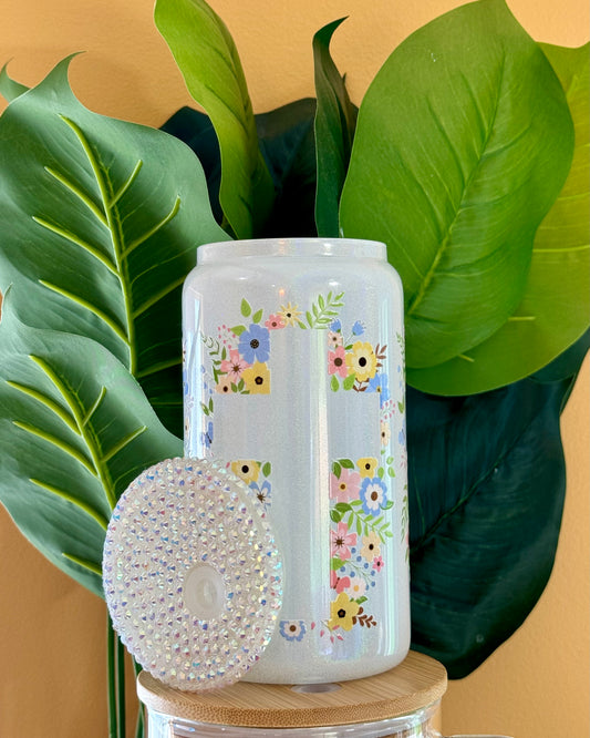 16oz White Shimmer cup - Floral cross
